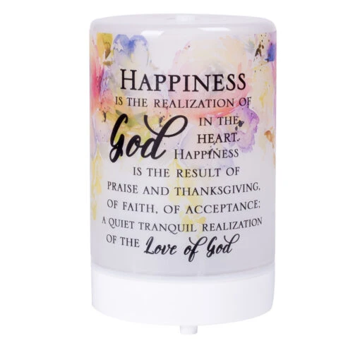 5.75” LED Frosted "Happiness” Religious Cylindrical Watercolor Essential Oil Diffuser