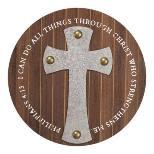 11.5" Brown And Gray Philippians 4:13 Verse Printed Round Wall Plaque