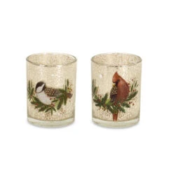 Set Of 6 Beige Cardinal And Chickadee Glass Votive Holders 5"