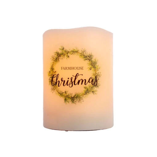 4” White Farmhouse Christmas Pillar Flameless Pillar – Battery Operated