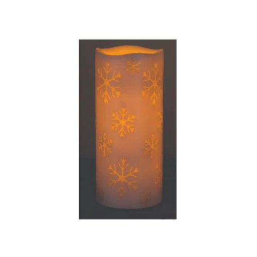 6.75" White Snowflake Battery Operated Print LED Christmas Pillar Candle With Timer