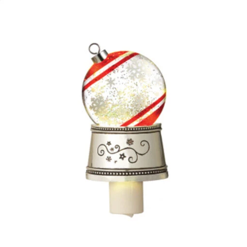 7" White And Red Christmas Traditions Snowflake Ball Ornament Glittering Snow Dome Night Light